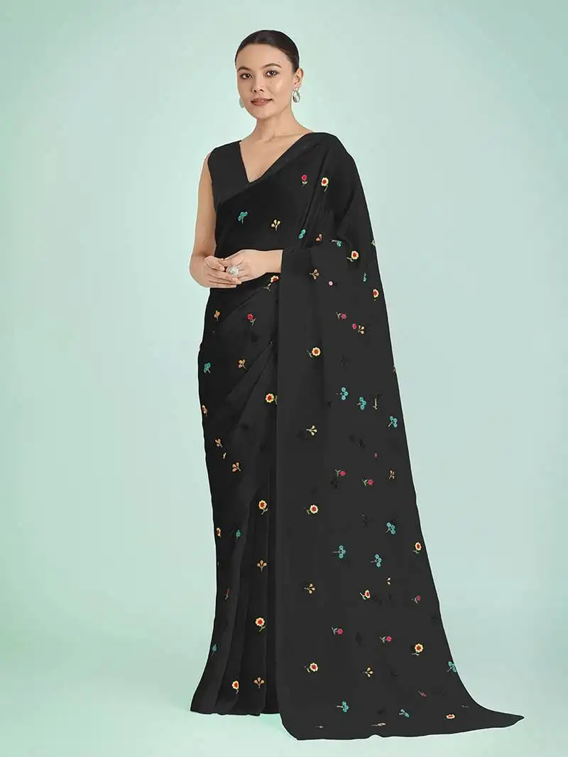 Black georgette embroidery saree with unstitched blouse