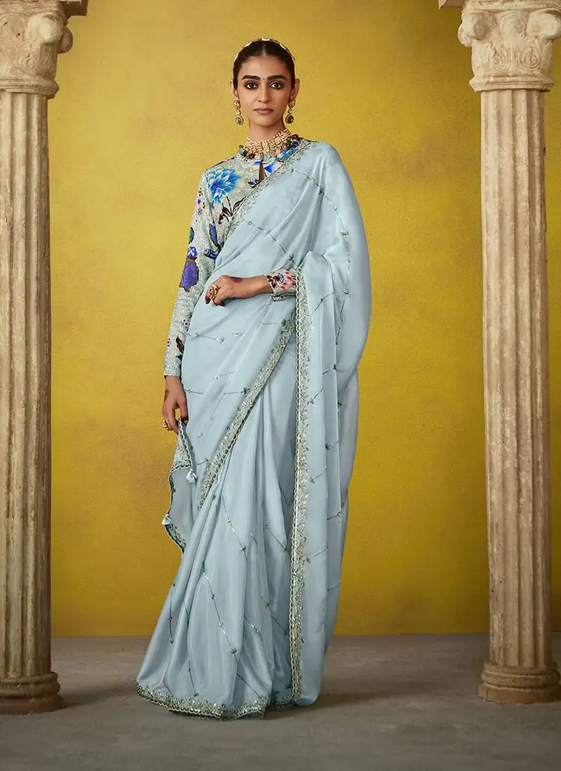 Aqua blue tissue zari ceremonial saree