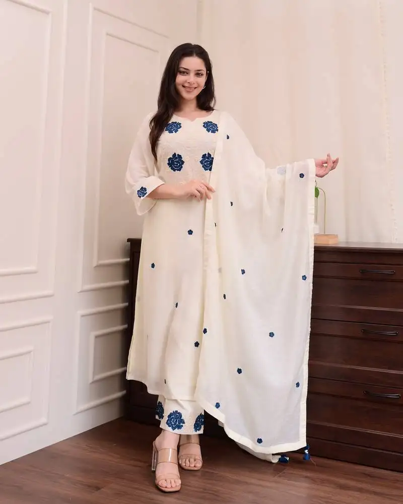 White embroidered stitched rayon pant style kurti suit with duppatta