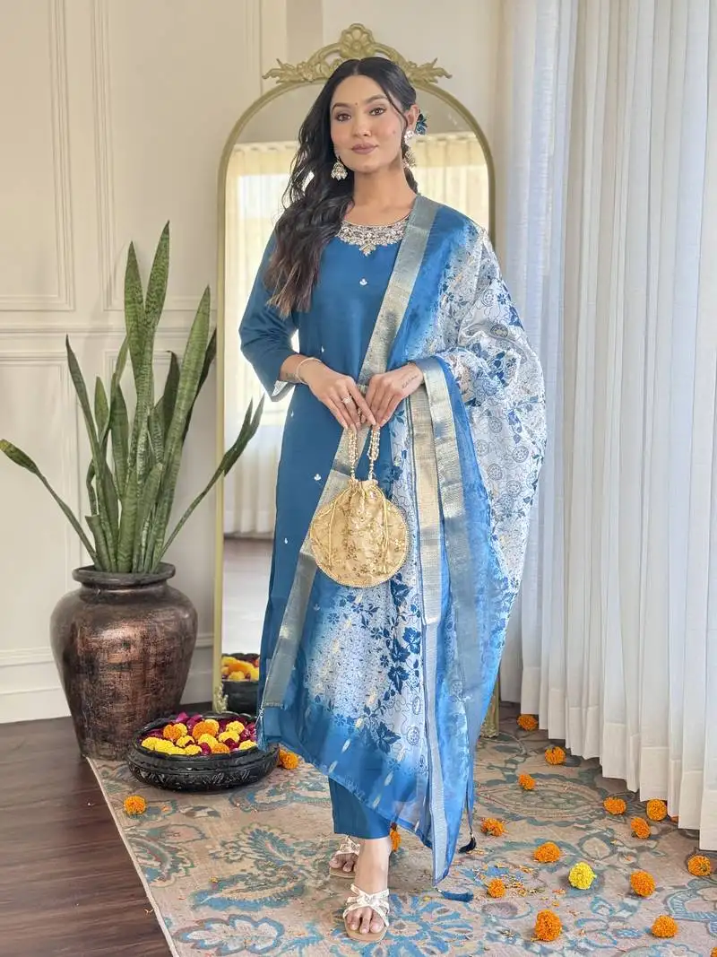 Blue embroidered stitched roman silk pant style kurti suit with duppatta