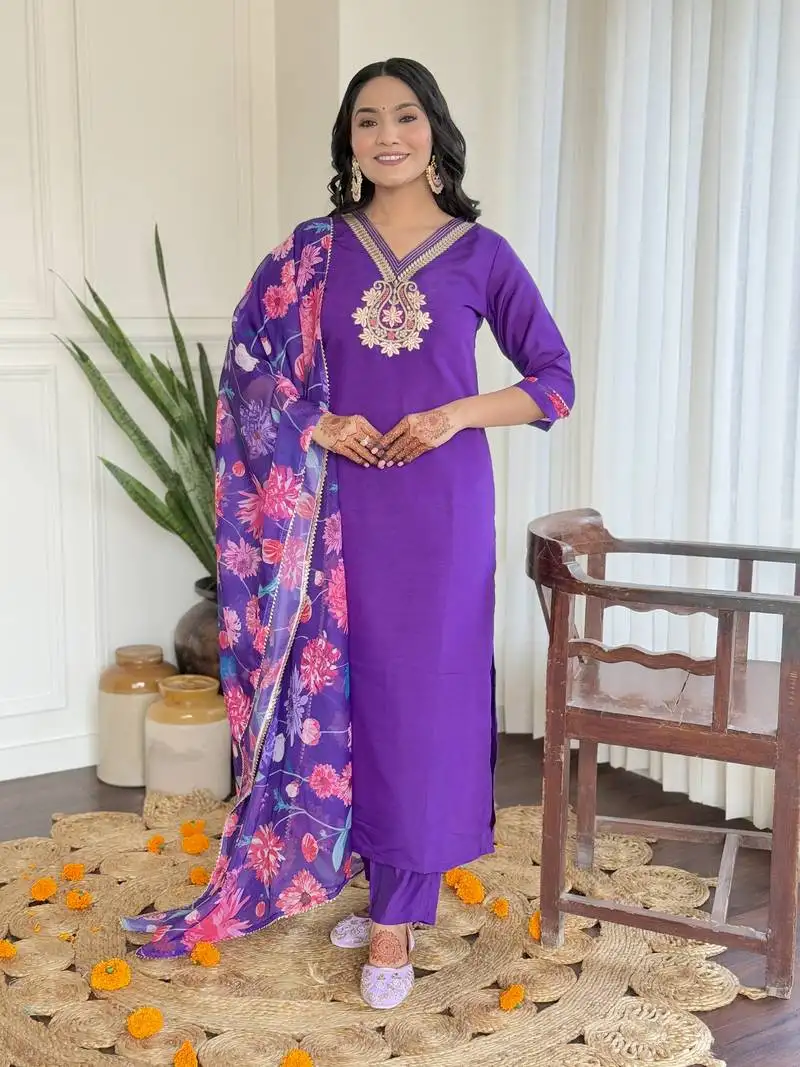 Purple embroidered stitched viscose chanderi pant style kurti suit with duppatta
