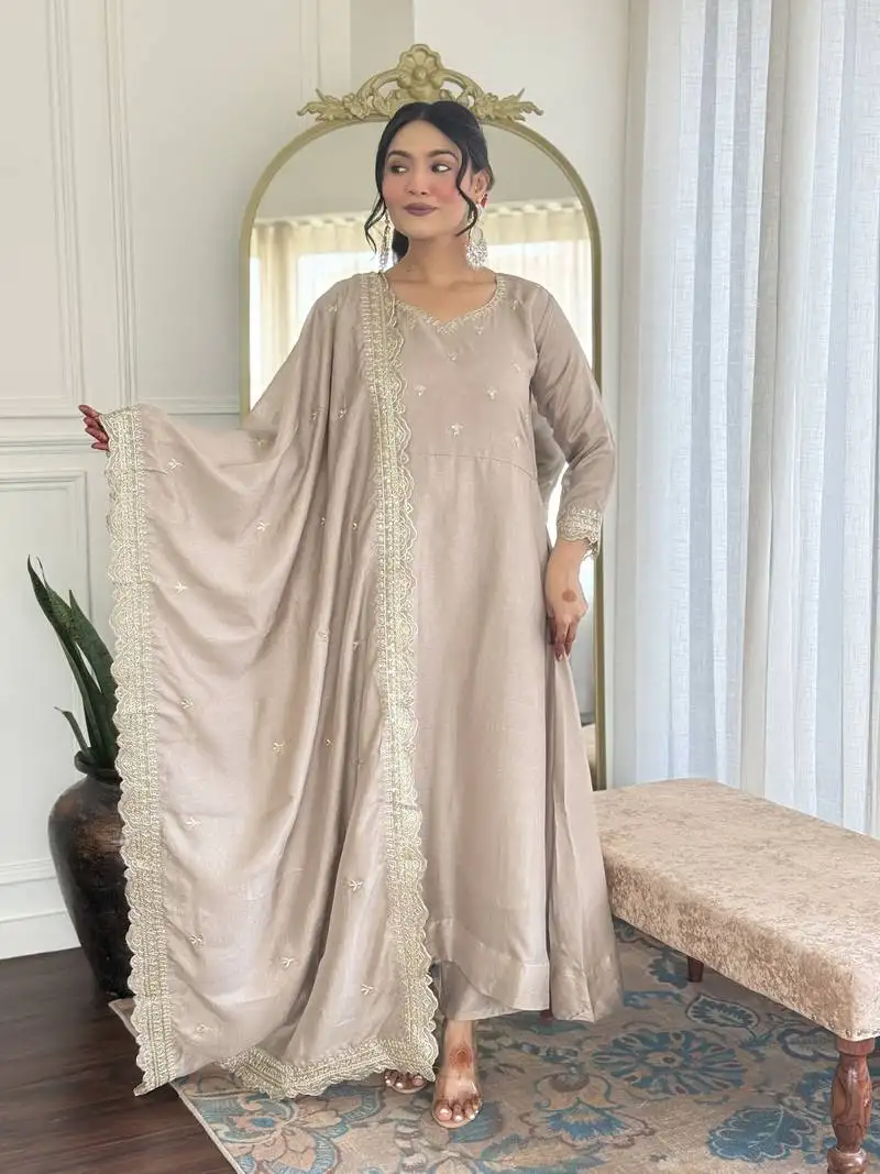 Beige embroidered stitched vichitra silk pant style kurti suit with duppatta