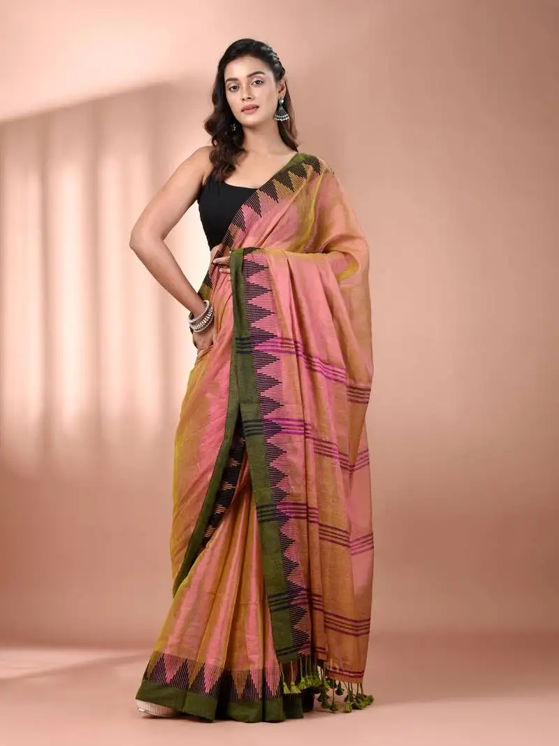 Lime green dual tone tissue soft saree with temple borders