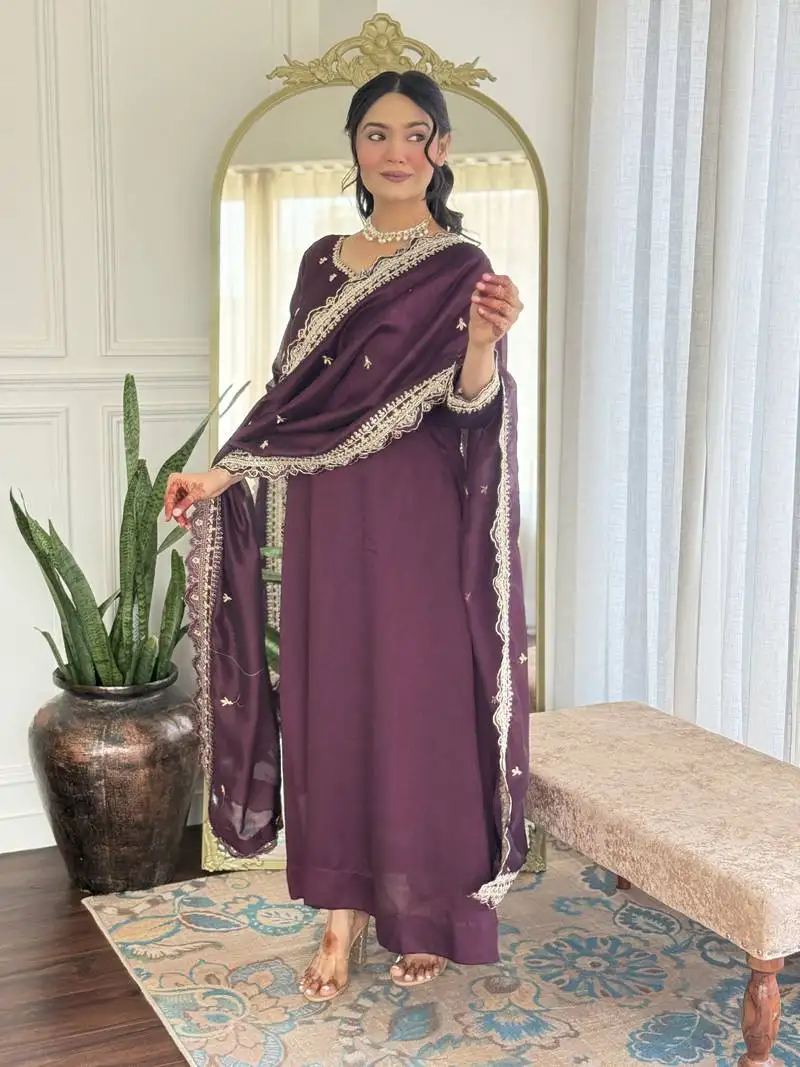 Purple embroidered stitched vichitra silk pant style kurti suit with duppatta