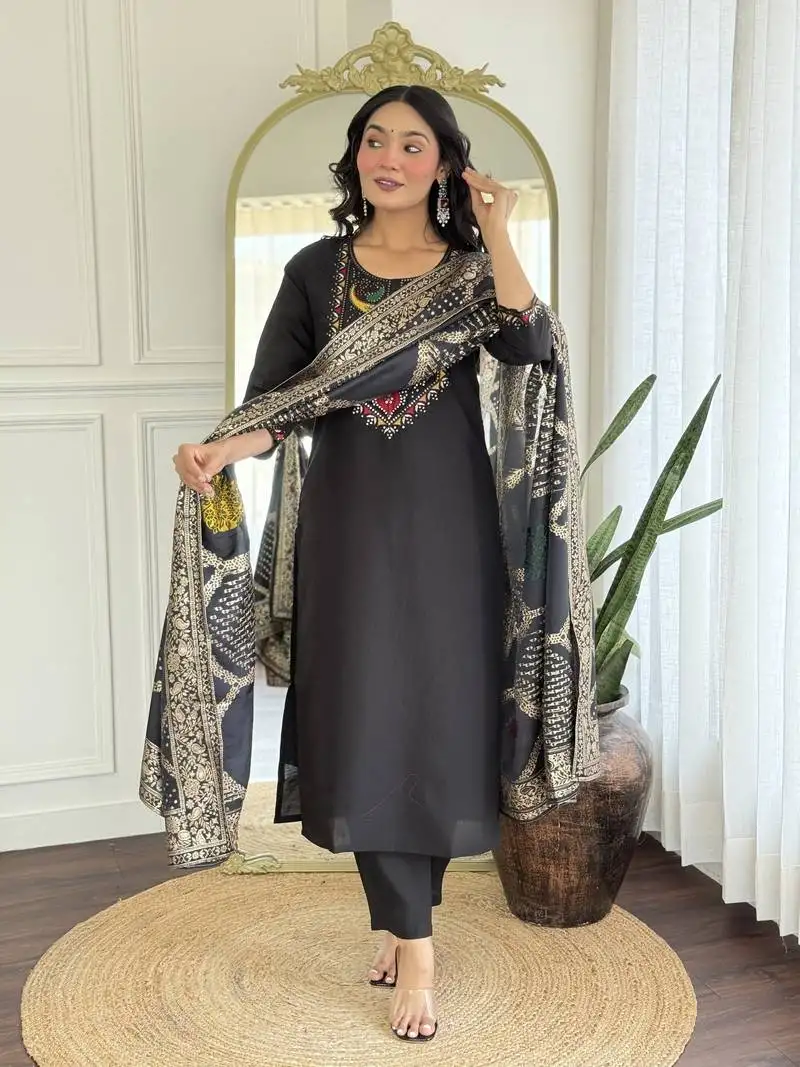 Black embroidered stitched roman silk pant style kurti suit with duppatta