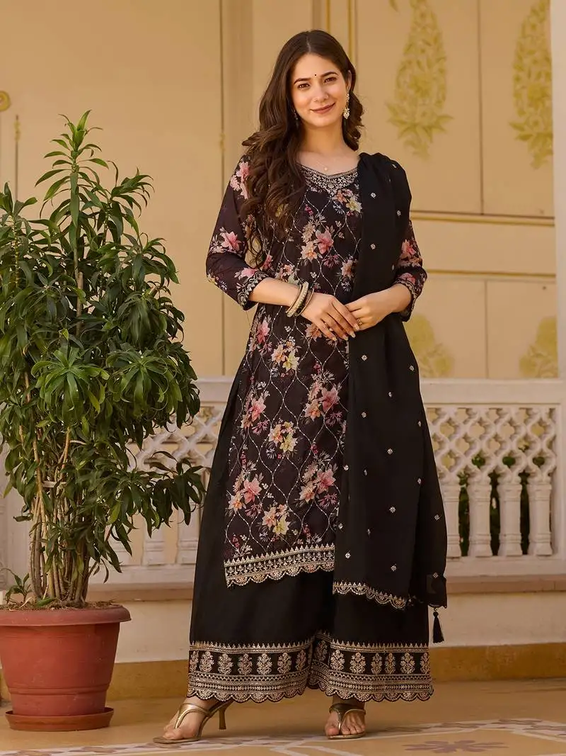 Black embroidered stitched chinon pant style kurti suit with duppatta