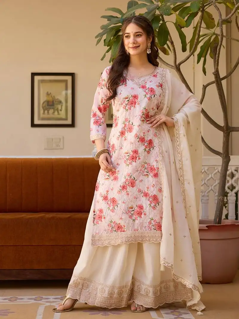 White embroidered stitched chinon palazzo style kurti suit with duppatta