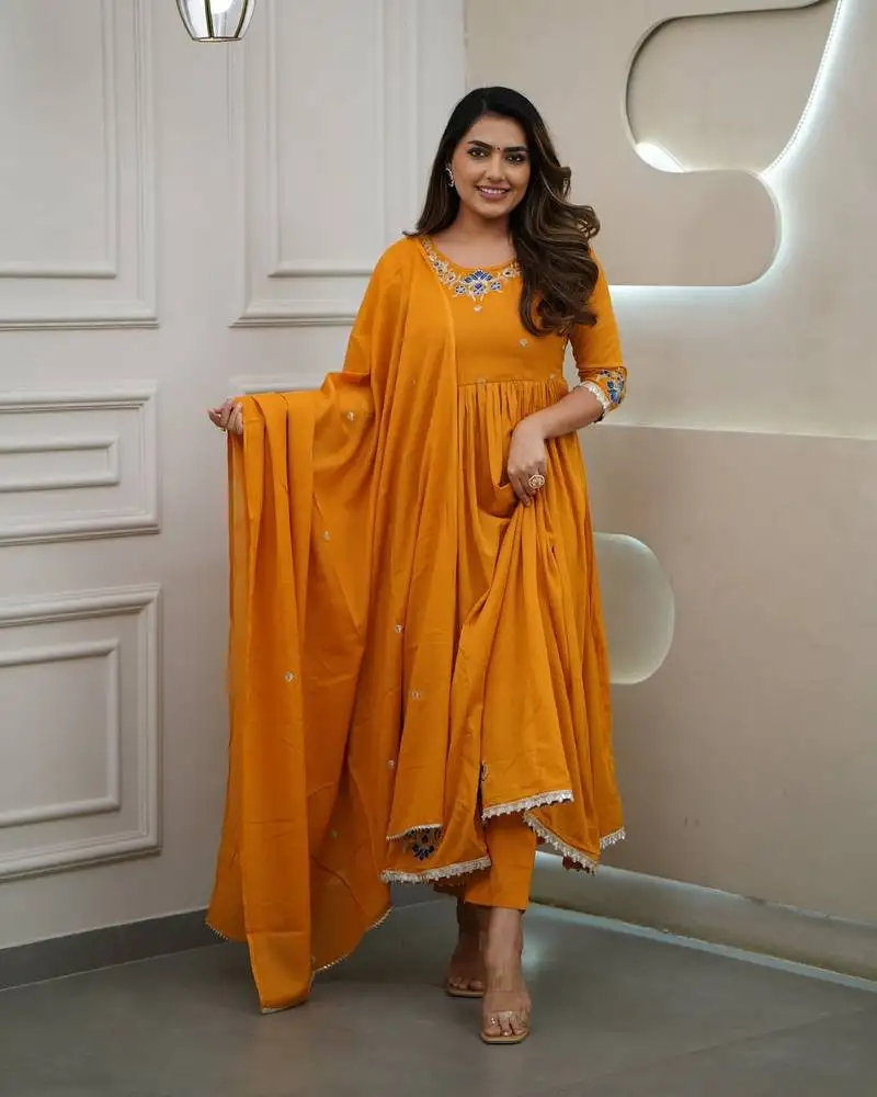 Orange embroidered stitched viscose pant style kurti suit with duppatta