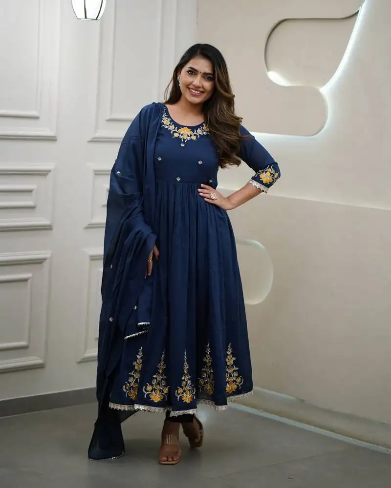 Blue embroidered stitched viscose pant style kurti suit with duppatta