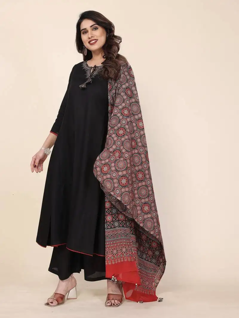 Black embroidered stitched viscose palazzo style kurti suit with duppatta