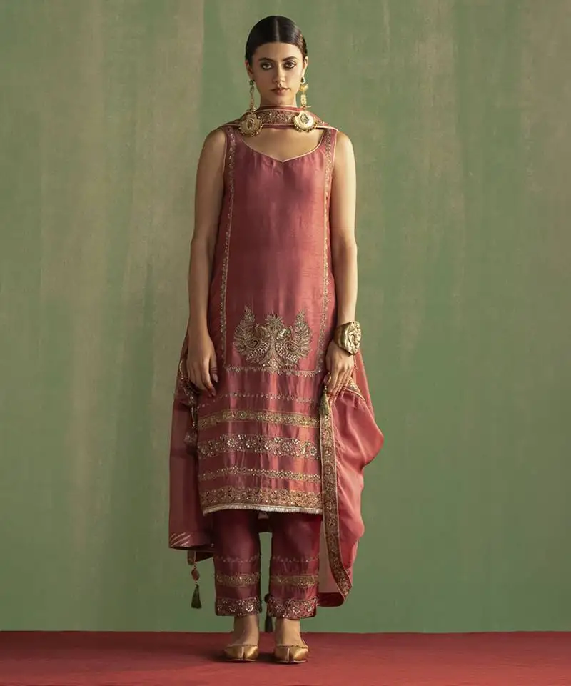 Pink silk embroidered kurta set