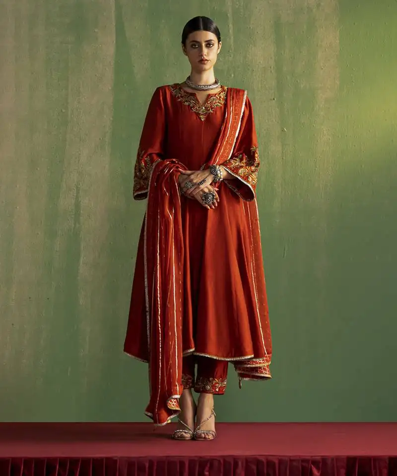 Rust silk plain anarkali set with neckline embroidery