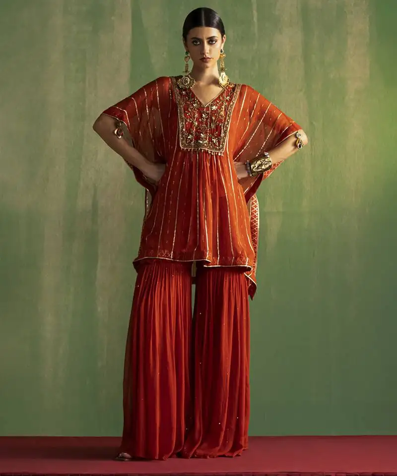 Rust georgette embroidered kaftan set