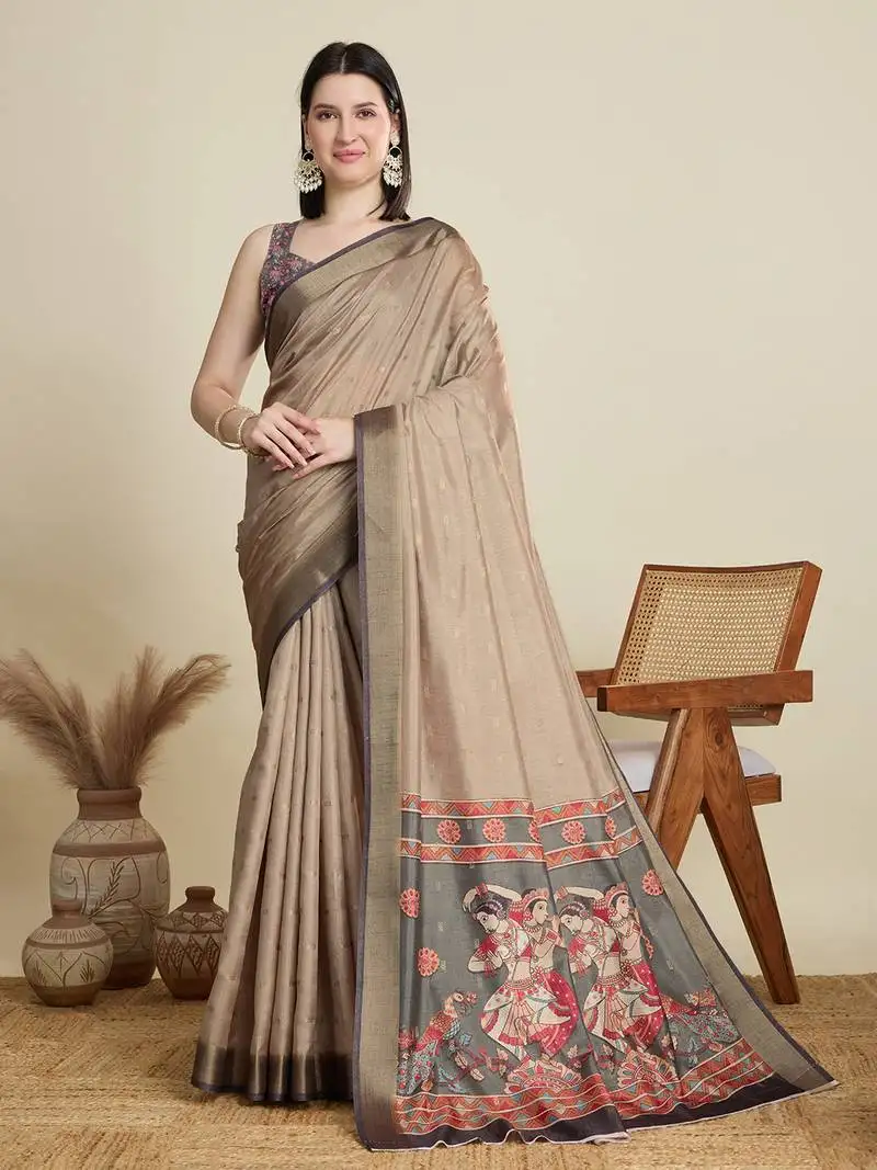 Beige printed cotton silk saree with blouse piece