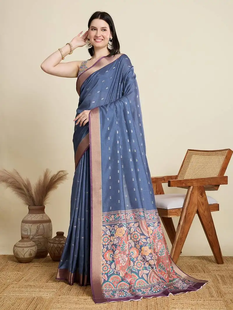 Blue printed cotton silk saree with blouse piece