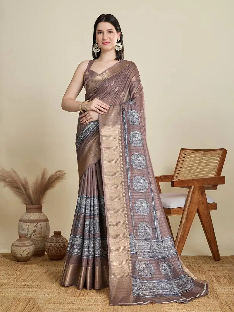 Brown printed cotton silk saree with blouse piece