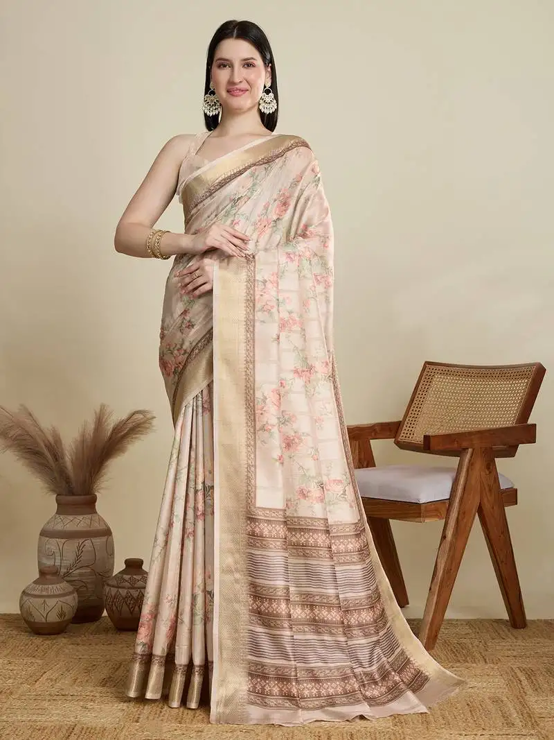 Cream printed cotton silk saree with blouse piece