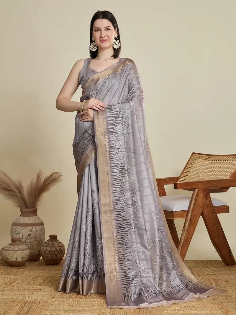 Grey printed cotton silk saree with blouse piece
