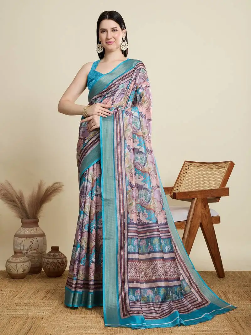Multicolor printed cotton silk saree with blouse piece