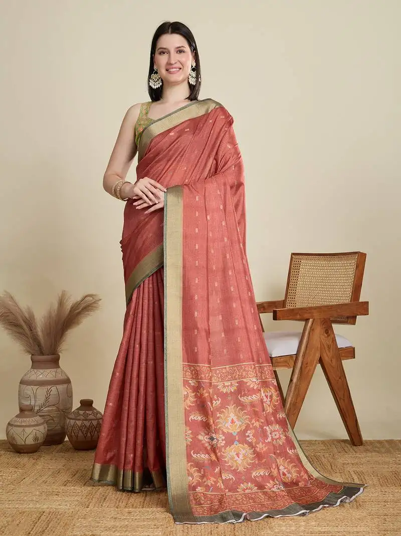 Rust printed cotton silk saree with blouse piece