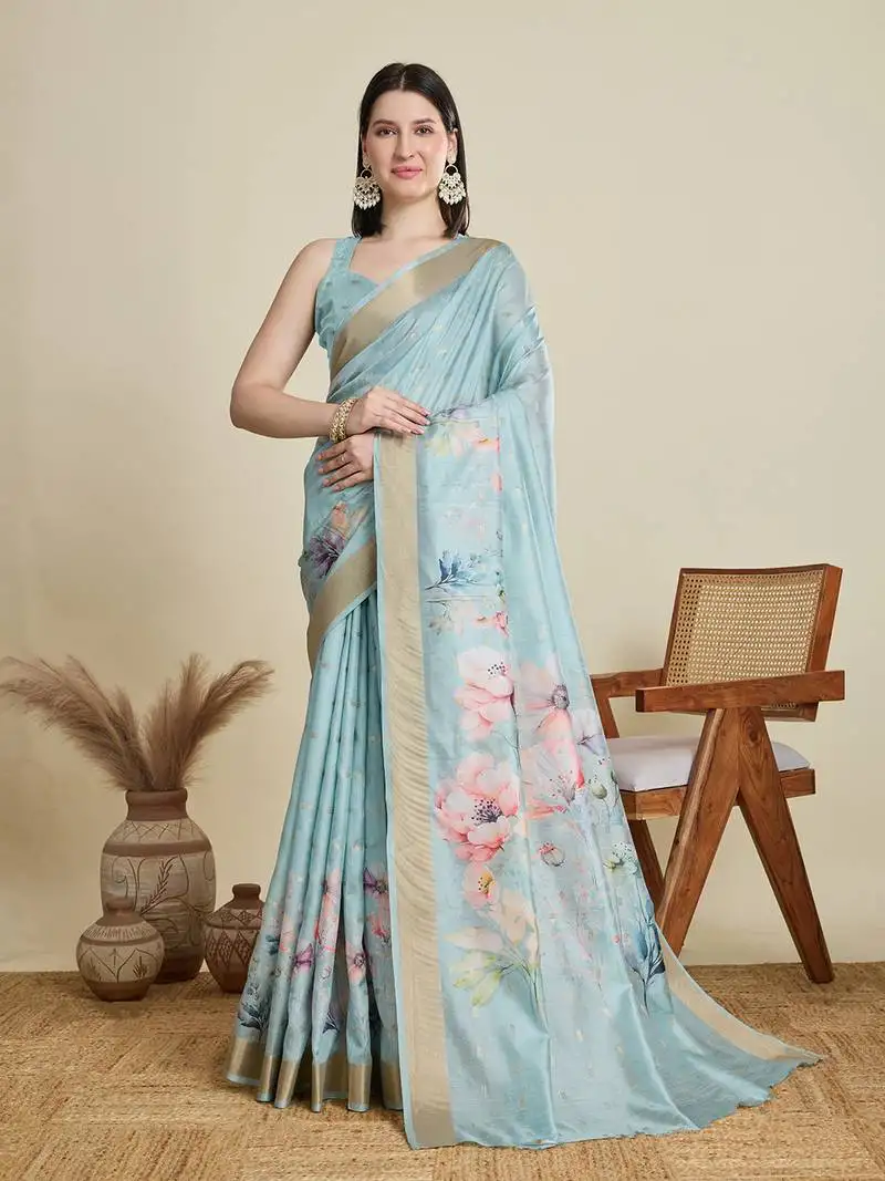 Sky blue printed cotton silk saree with blouse piece