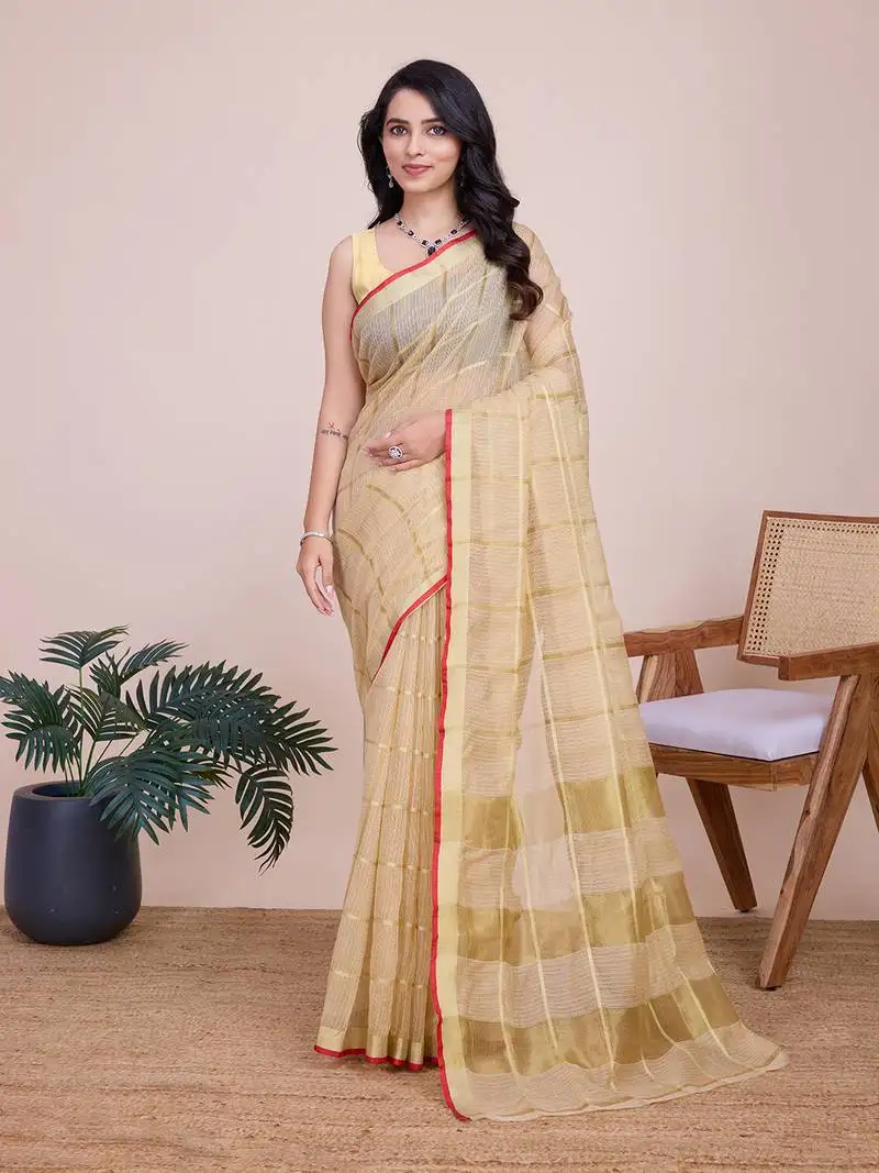 Beige woven cotton silk kota saree with blouse piece