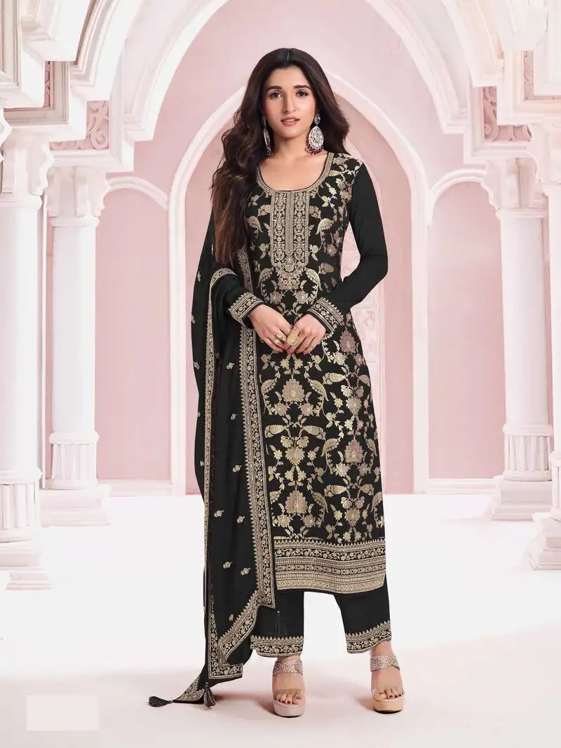 Black embroidered pure jacquard viscos semi-pakistani salwar suit semi stitched