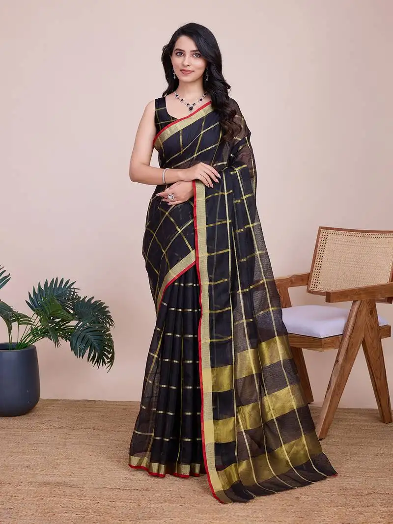 Black woven cotton silk kota saree with blouse piece