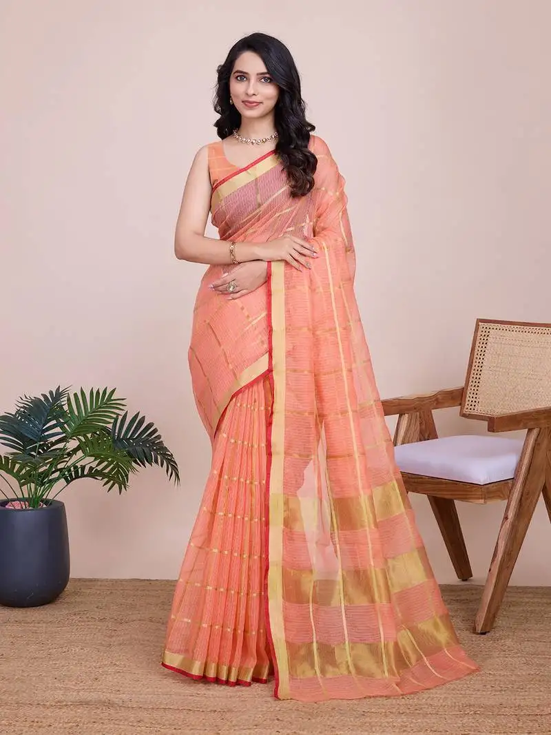 Peach woven cotton silk kota saree with blouse piece