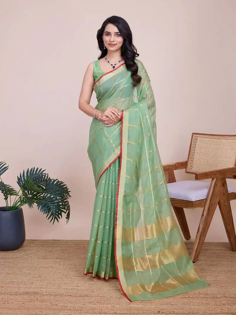 Green woven cotton silk kota saree with blouse piece
