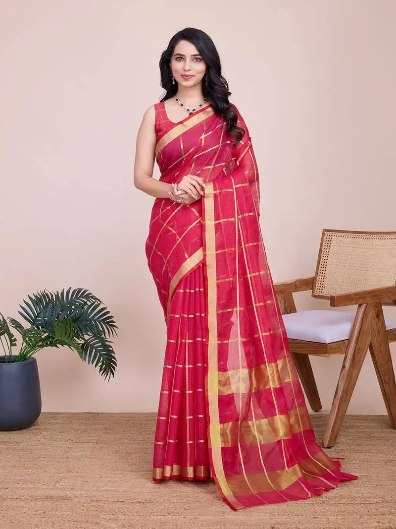 Pink woven cotton silk kota saree with blouse piece