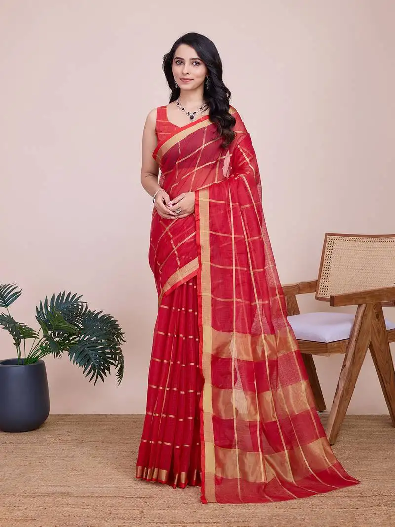 Red woven cotton silk kota saree with blouse piece