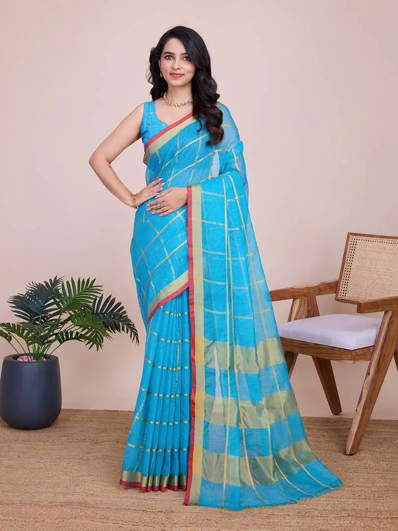 Sky blue woven cotton silk kota saree with blouse piece