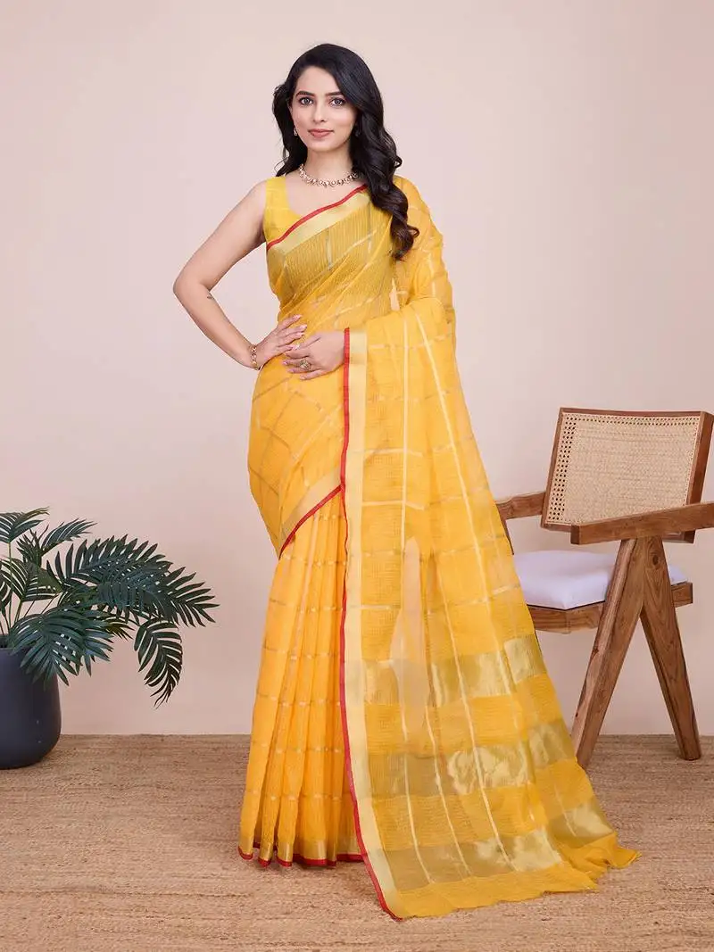 Yellow woven cotton silk kota saree with blouse piece
