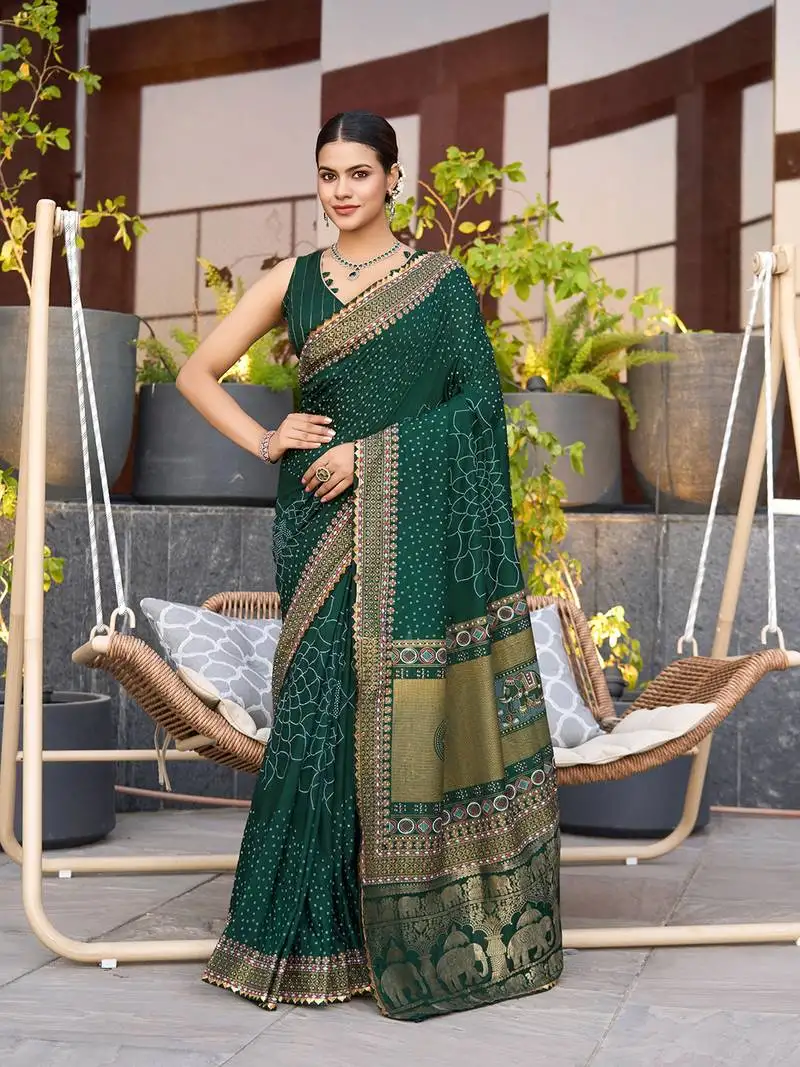 Dark green printed cotton silk saree with blouse piece