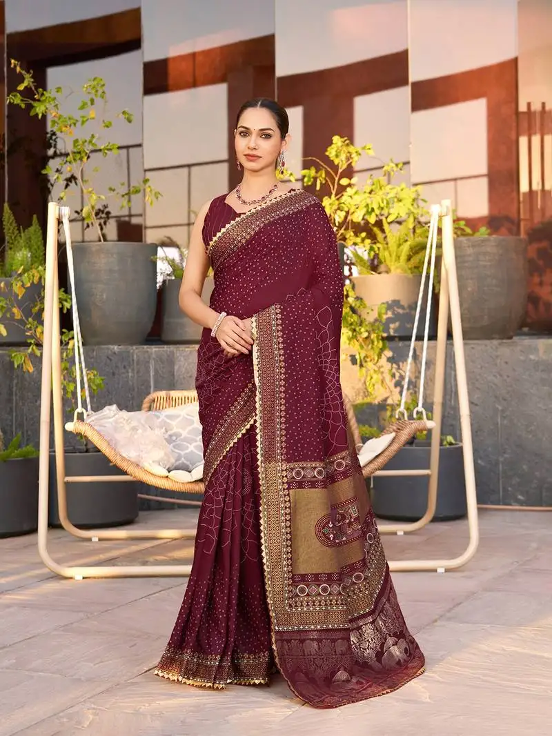 Maroon printed cotton silk saree with blouse piece