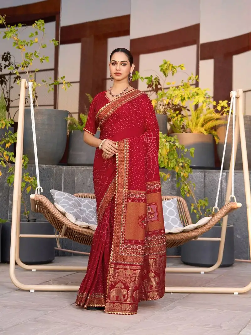 Red printed cotton silk saree with blouse piece