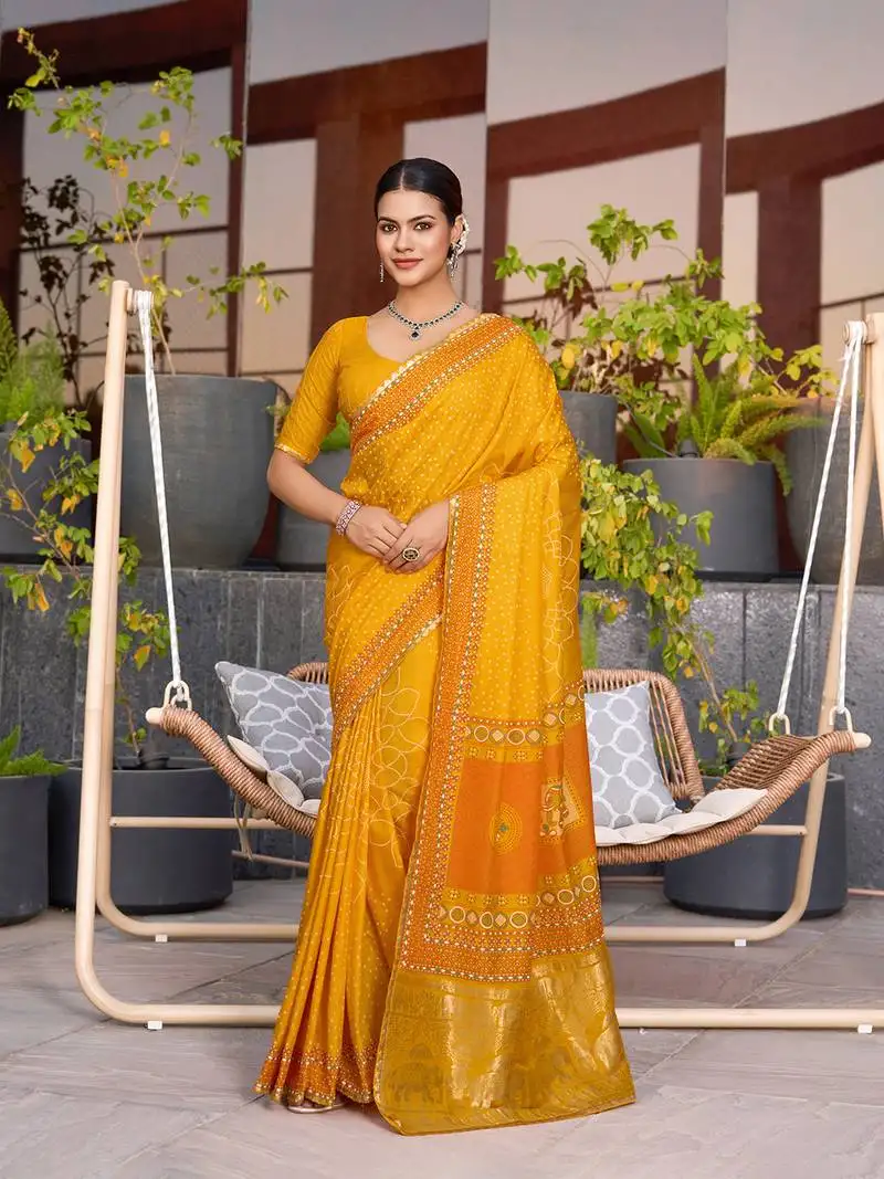 Mustard printed cotton silk saree with blouse piece