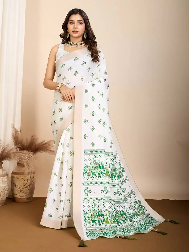 Green printed cotton silk saree with blouse piece