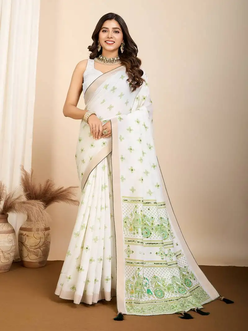 Parrot green printed cotton silk saree with blouse piece