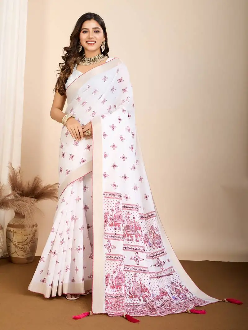 Pink printed cotton silk saree with blouse piece