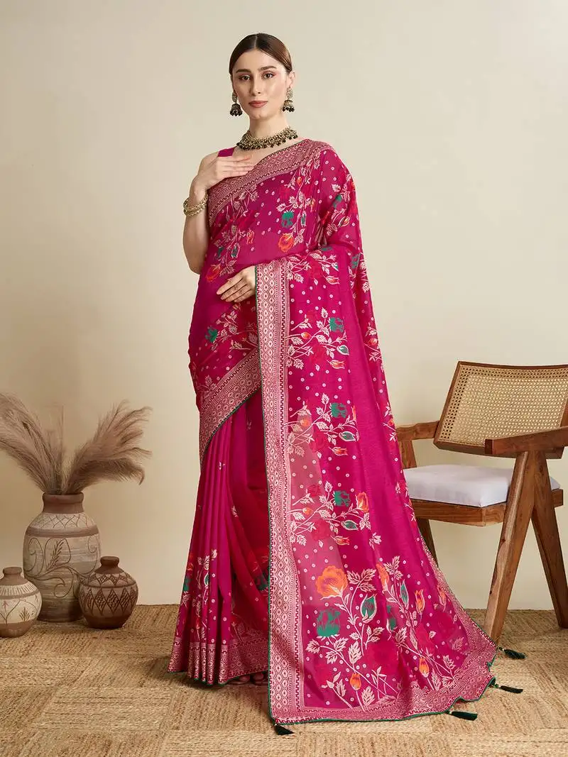 Pink printed cotton cotton saree with blouse piece