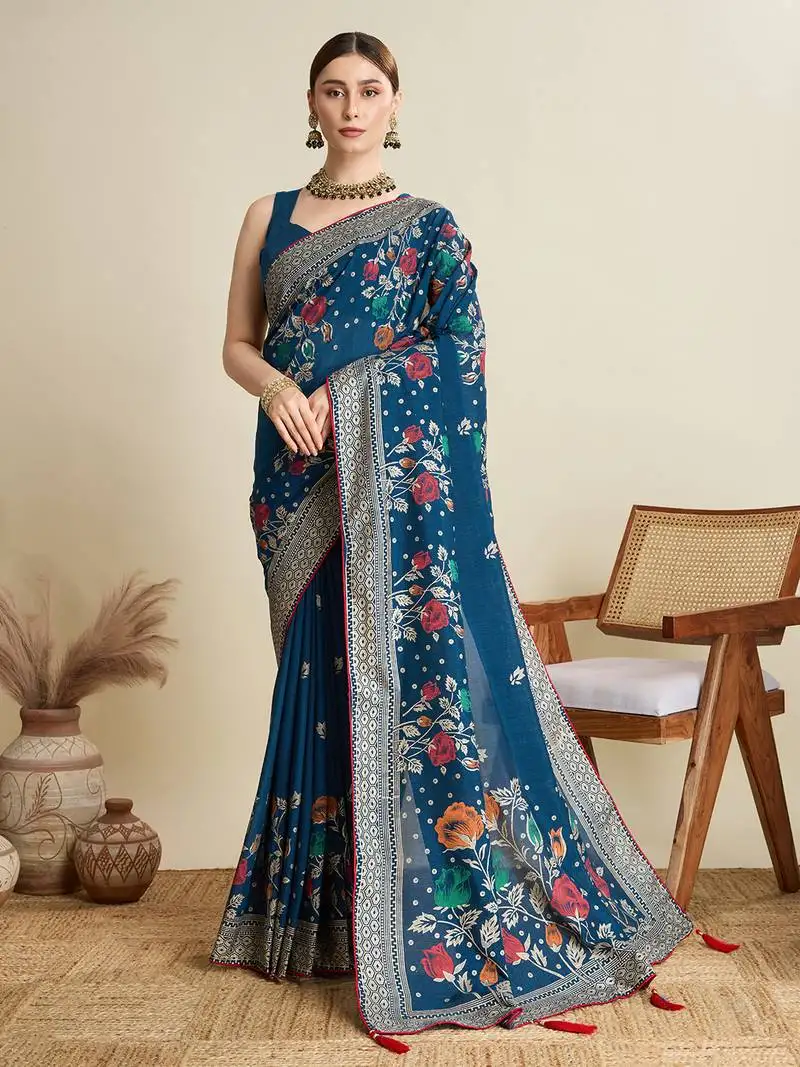 Teal printed cotton cotton saree with blouse piece