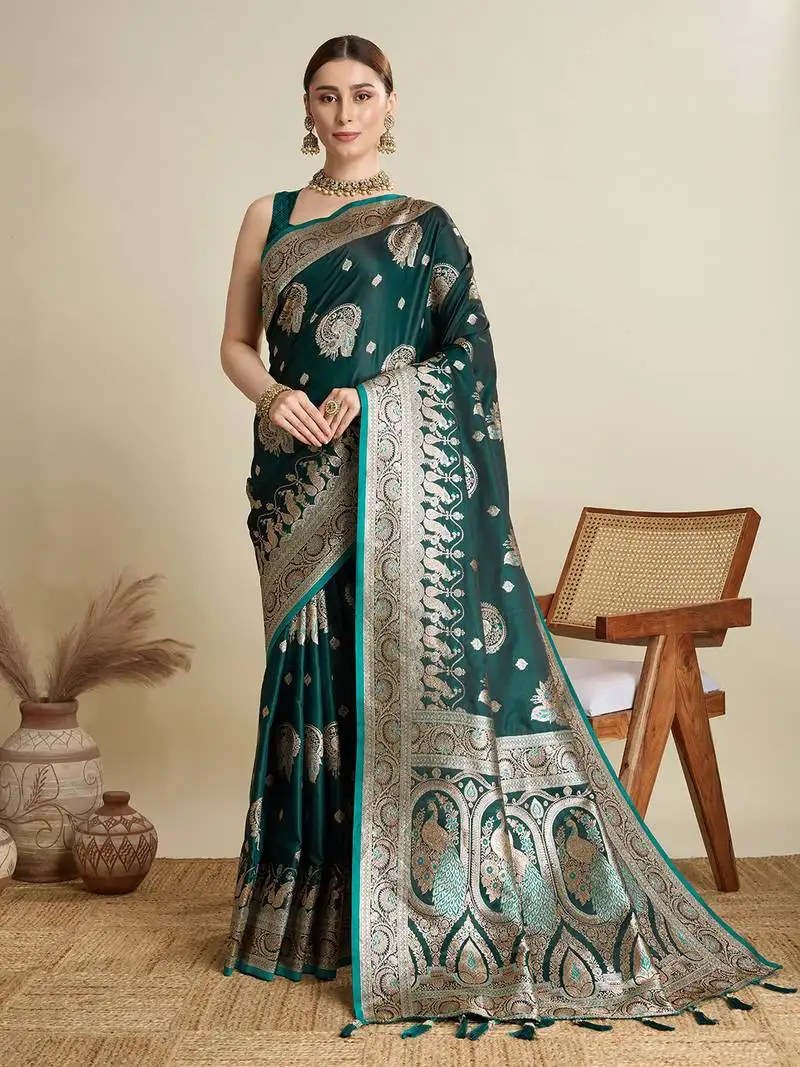 Dark green woven satin saree with blouse piece