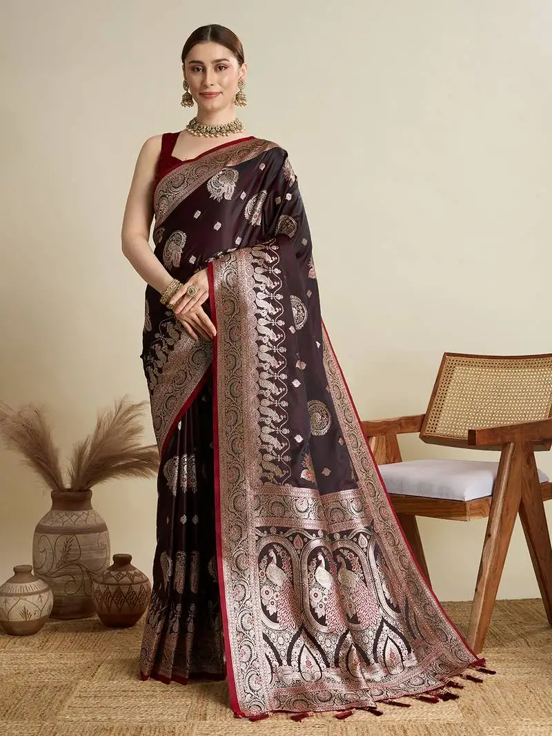 Maroon woven satin saree with blouse piece