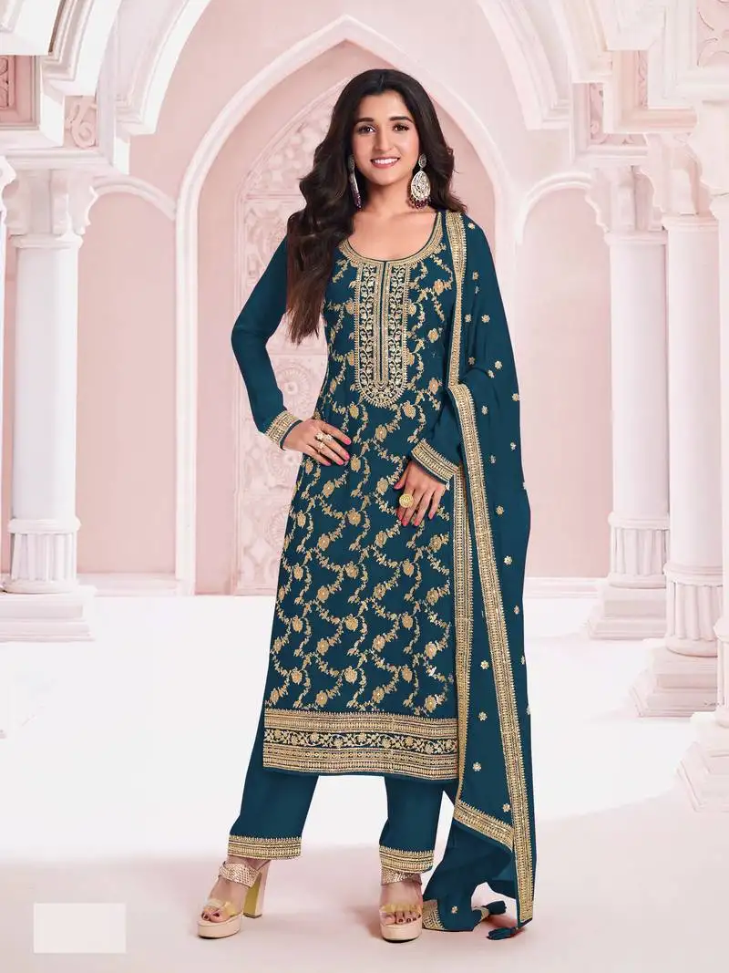 Blue embroidered pure jacquard viscos semi-pakistani salwar suit semi stitched