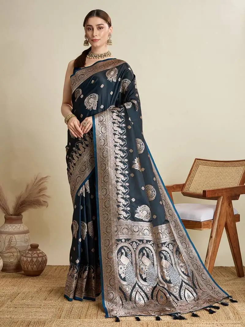 Navy blue woven satin saree with blouse piece