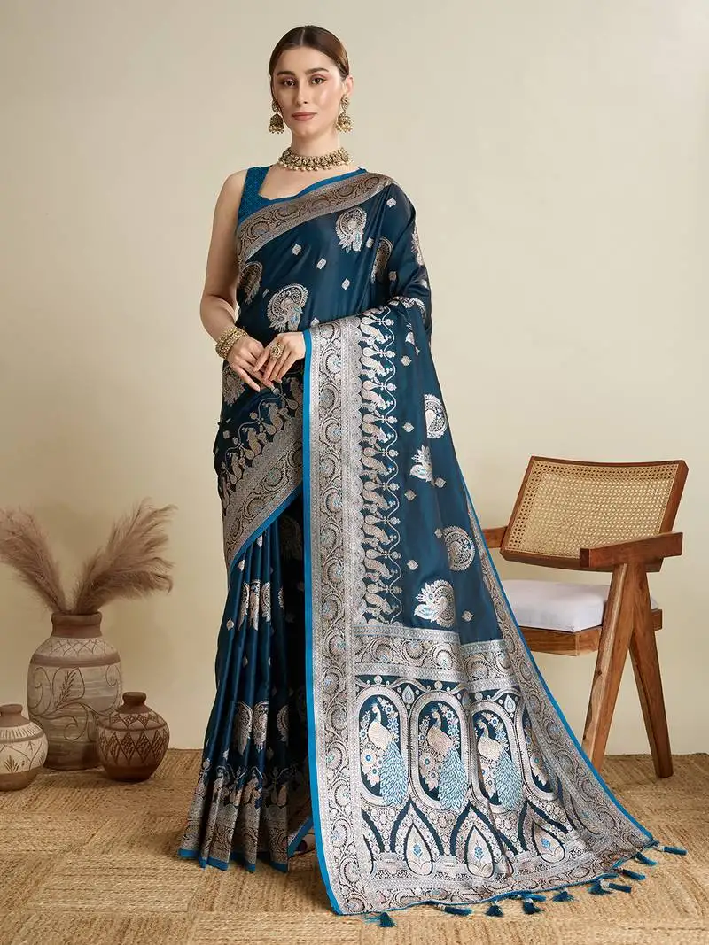 Teal woven satin saree with blouse piece