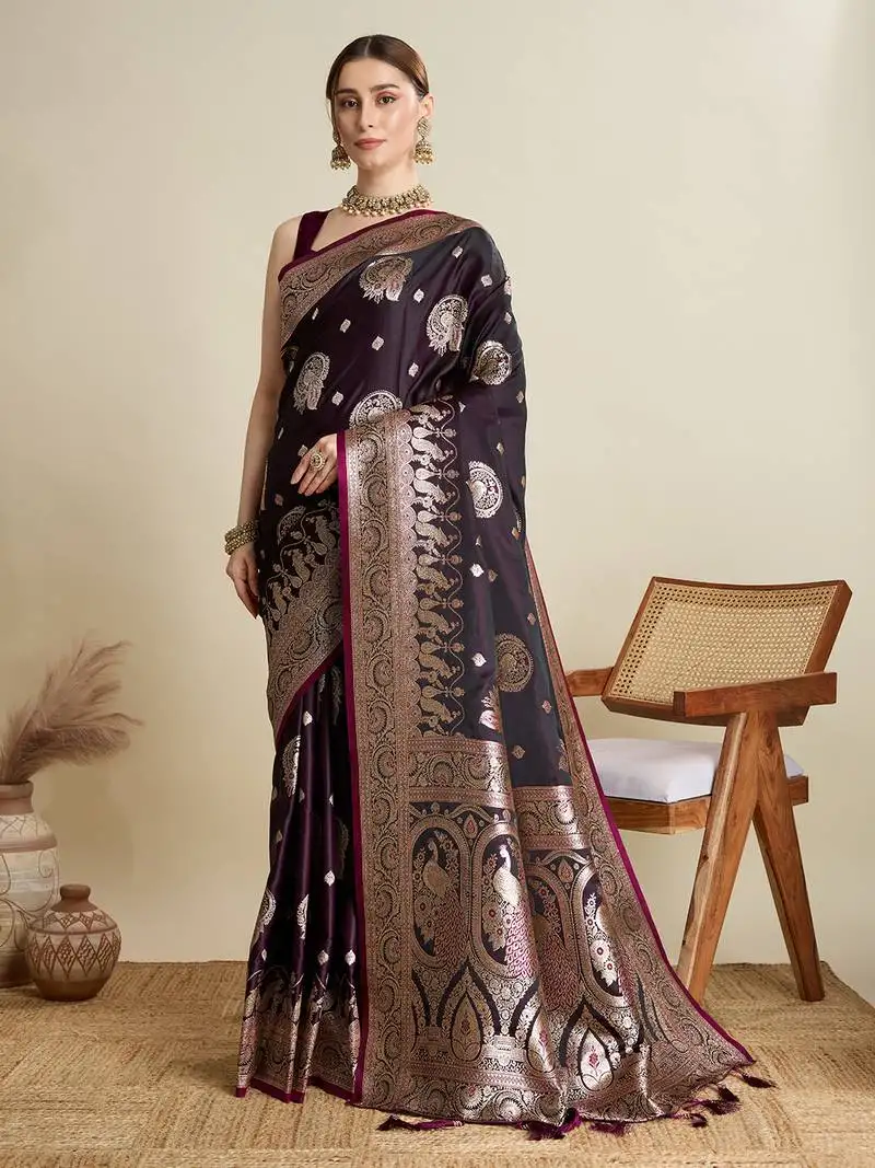 Wine woven satin saree with blouse piece