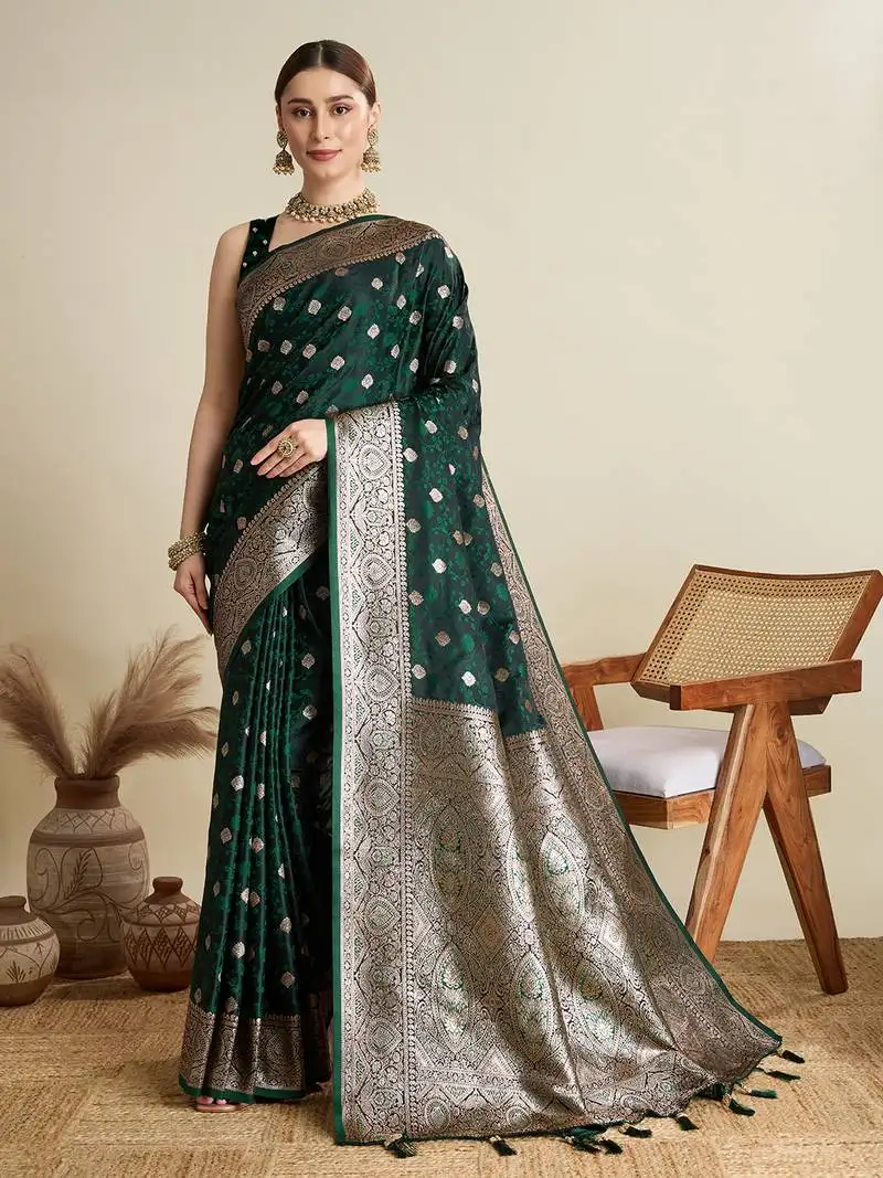 Green woven satin saree with blouse piece